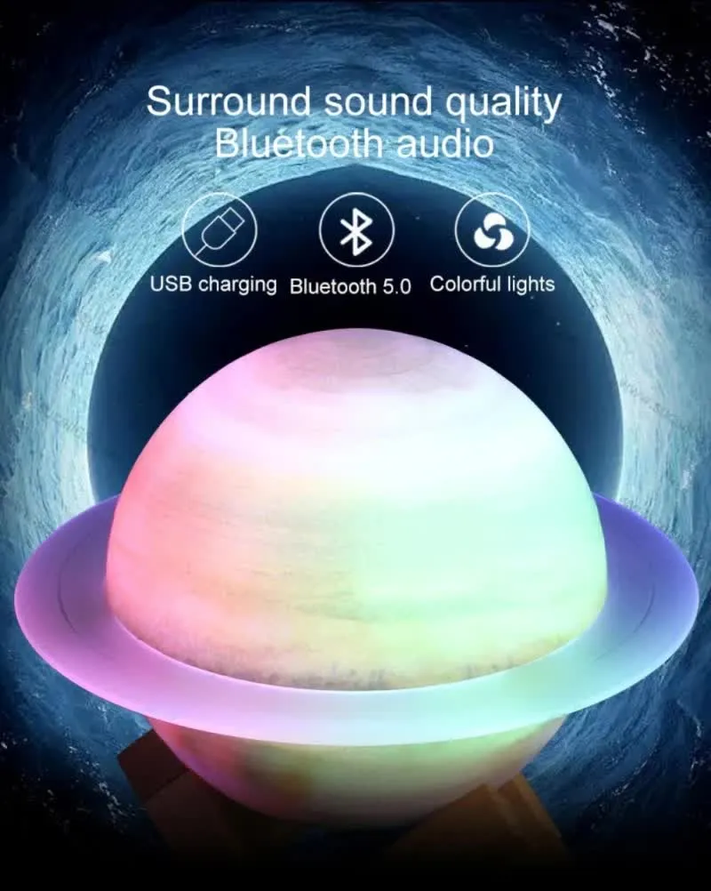 3D Saturn Ring Bluetooth Speaker | Purple & Blue | Adjustable LED Lights | HiFi Bass | USB Charging | Immersive Sound for Home & Desktop Use