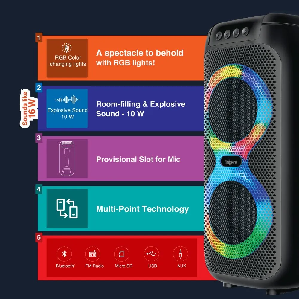 FINGERS Swag5 Bluetooth Portable Speaker (with RGB Lights, 10 W Deep Bass, FM, USB, MicroSD, AUX, Mic in (6.35 mm), Multi-Point Technology, Provisional Slot for Wired/Wireless Mic)