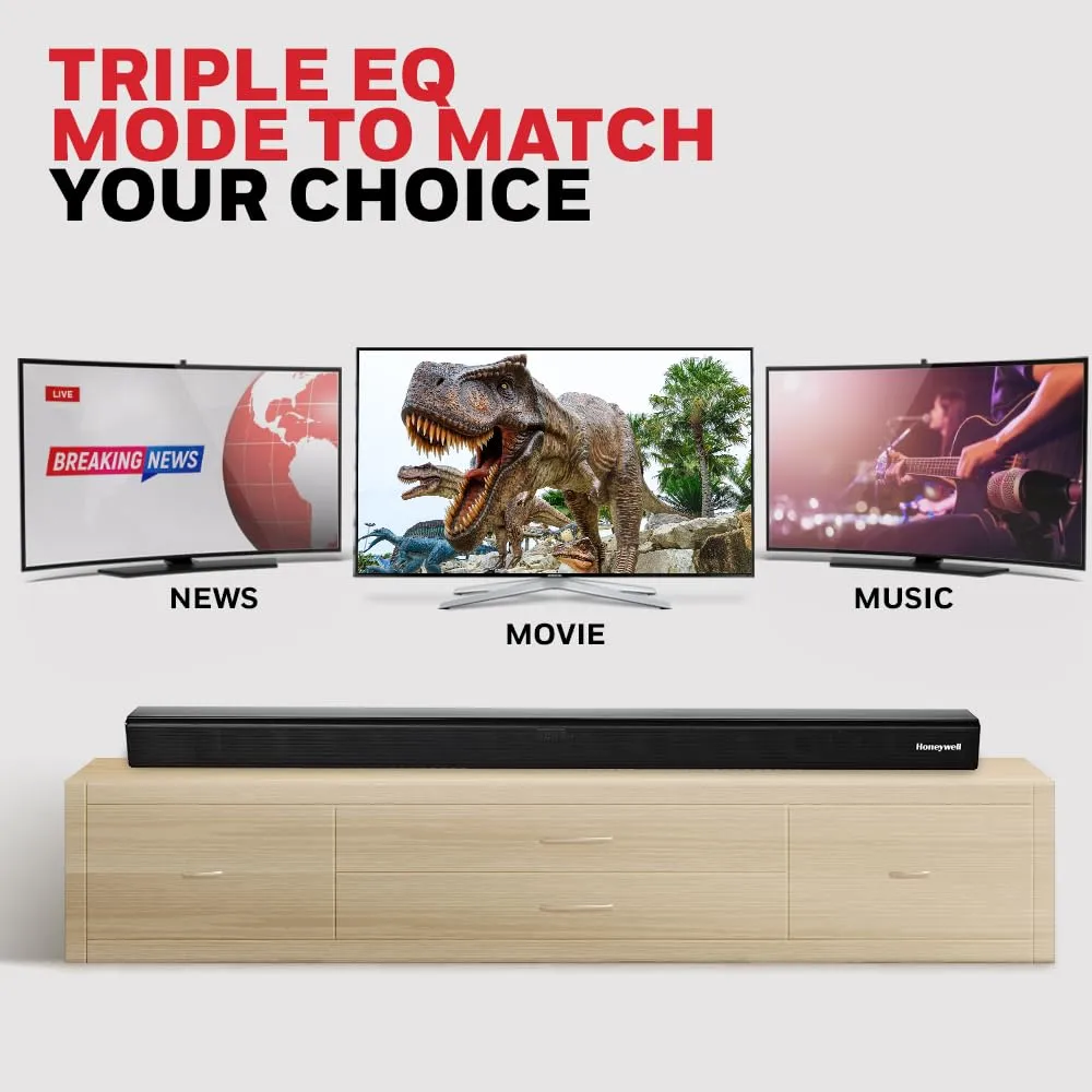 Honeywell Suono P2000 60W Soundbar (94cms), 2.0 Channel Stereo Sound, 51mm*4 Drivers, Bluetooth V5.0 (10m Range), with Remote, 3 EQ Mode, BT, AUX, USB, Optical & HDMI-2 Years Warranty