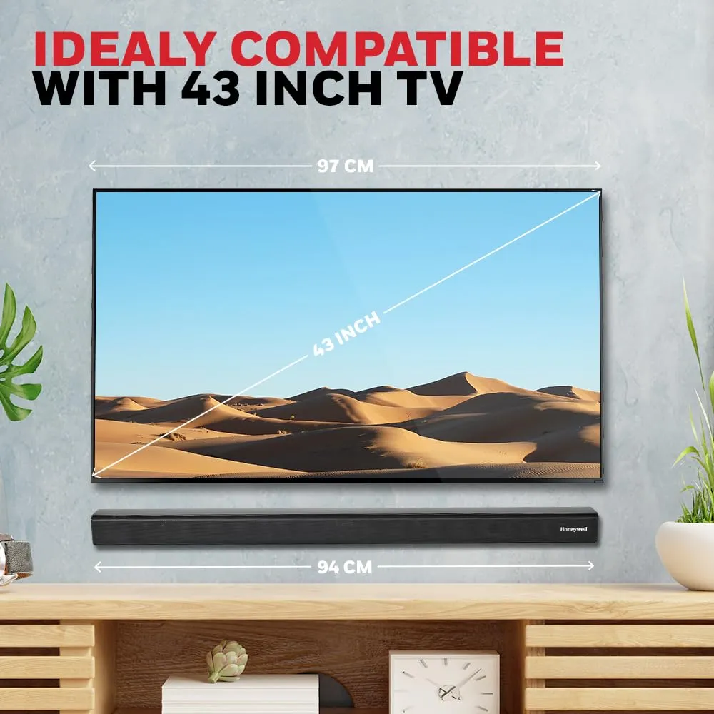 Honeywell Suono P2000 60W Soundbar (94cms), 2.0 Channel Stereo Sound, 51mm*4 Drivers, Bluetooth V5.0 (10m Range), with Remote, 3 EQ Mode, BT, AUX, USB, Optical & HDMI-2 Years Warranty