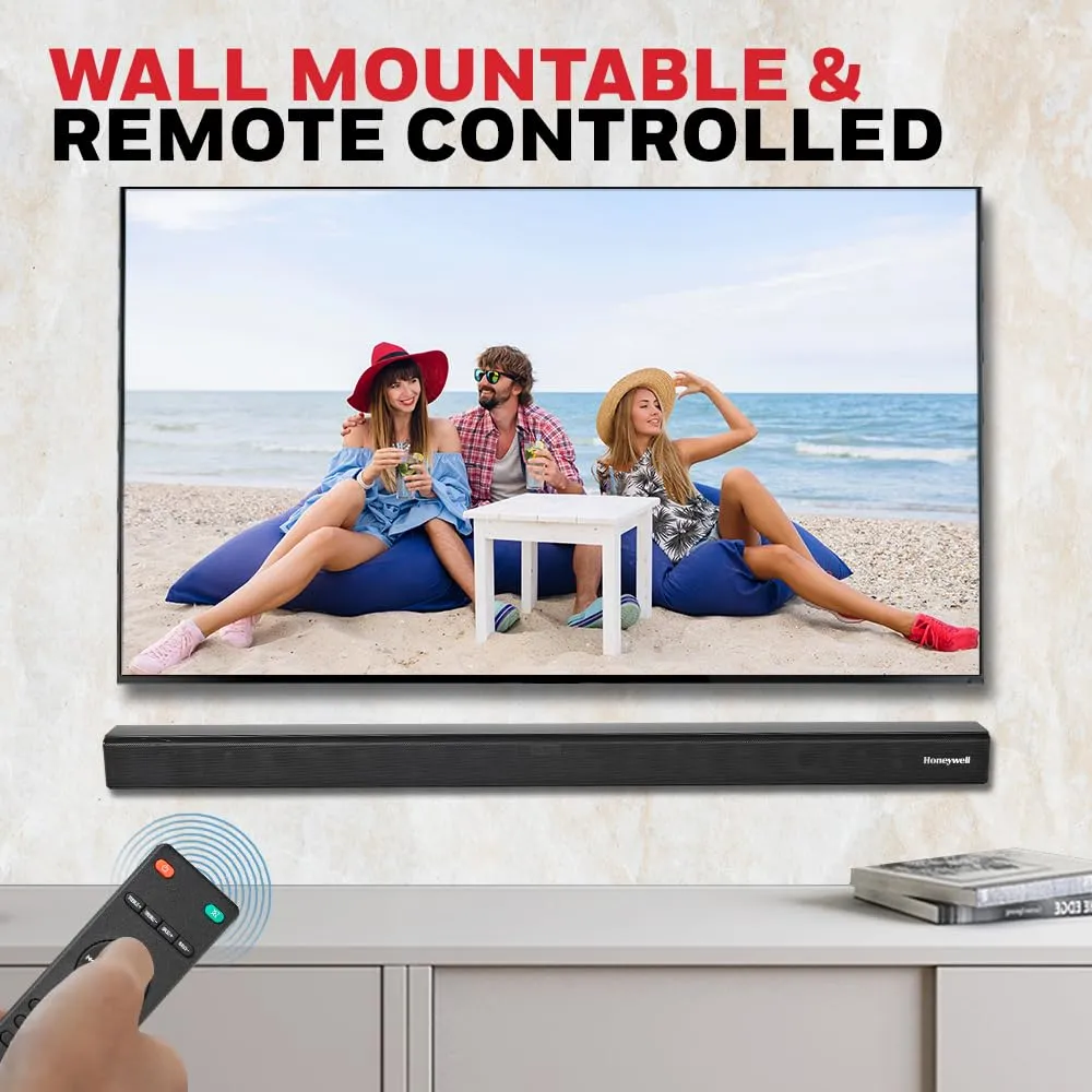 Honeywell Suono P2000 60W Soundbar (94cms), 2.0 Channel Stereo Sound, 51mm*4 Drivers, Bluetooth V5.0 (10m Range), with Remote, 3 EQ Mode, BT, AUX, USB, Optical & HDMI-2 Years Warranty
