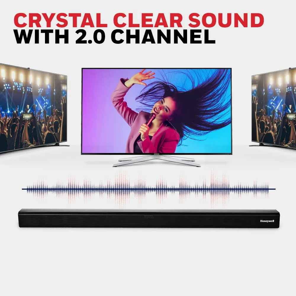 Honeywell Suono P2000 60W Soundbar (94cms), 2.0 Channel Stereo Sound, 51mm*4 Drivers, Bluetooth V5.0 (10m Range), with Remote, 3 EQ Mode, BT, AUX, USB, Optical & HDMI-2 Years Warranty
