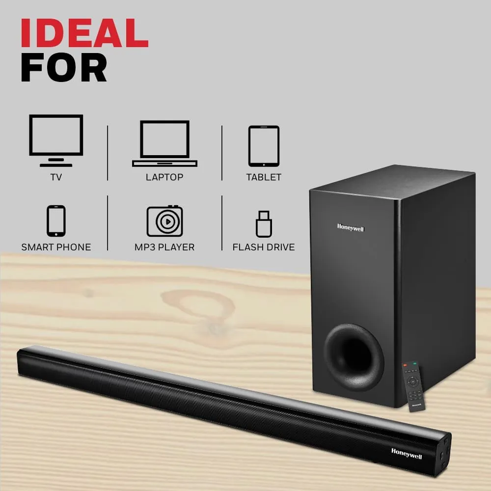 Honeywell Trueno U2000 120W 2.1 Channel Soundbar with Wired Subwoofer, Bluetooth v5.0, HDMI ARC, AUX, USB, Optical