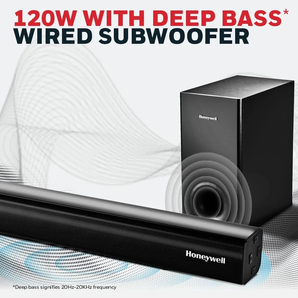 Honeywell Trueno U2000 120W 2.1 Channel Soundbar with Wired Subwoofer, Bluetooth v5.0, HDMI ARC, AUX, USB, Optical