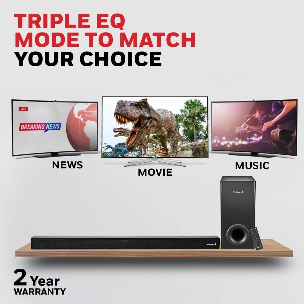 Honeywell Trueno U2000 120W 2.1 Channel Soundbar with Wired Subwoofer, Bluetooth v5.0, HDMI ARC, AUX, USB, Optical