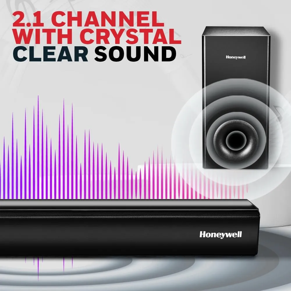 Honeywell Trueno U2000 120W 2.1 Channel Soundbar with Wired Subwoofer, Bluetooth v5.0, HDMI ARC, AUX, USB, Optical