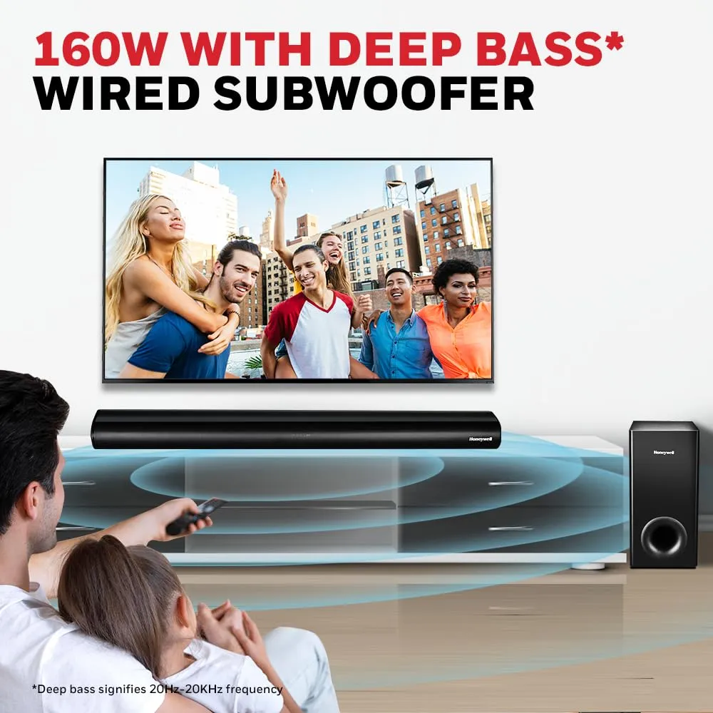 Honeywell Trueno U3000 160W 2.1 Channel Soundbar with Wired Subwoofer, HDMI ARC, Optical, Bluetooth & Remote  Black