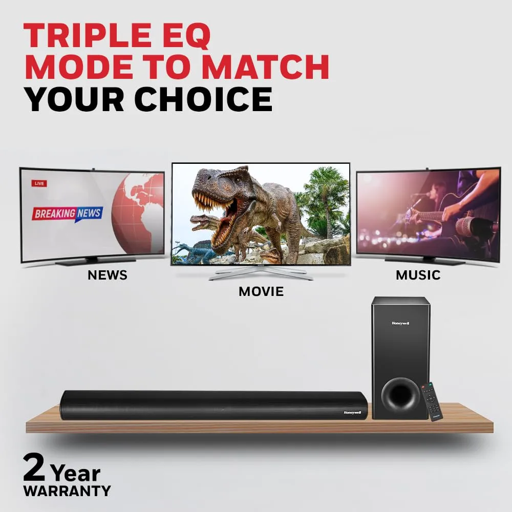 Honeywell Trueno U3000 160W 2.1 Channel Soundbar with Wired Subwoofer, HDMI ARC, Optical, Bluetooth & Remote  Black