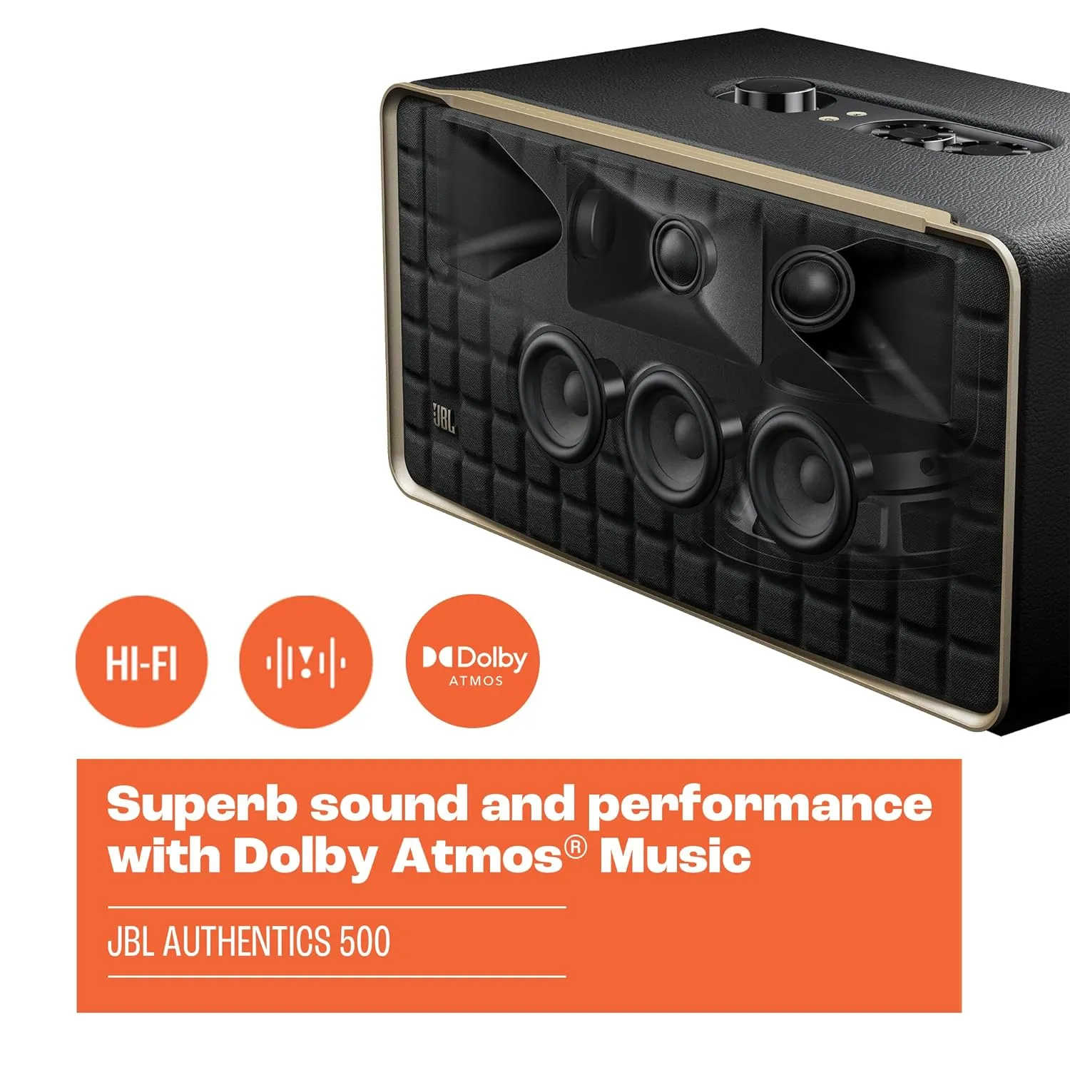 JBL Authentics 500 - Wireless Home Speaker with Bluetooth, Voice Control, and Dolby Atmos, Multi Room Playback, Built in Alexa and Google Assistant
