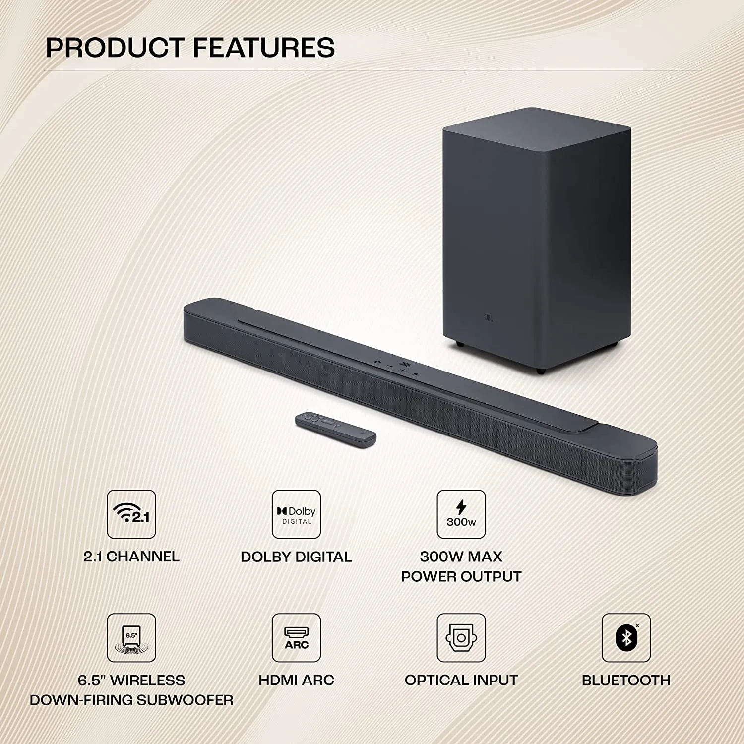 JBL Bar 2.1 Deep Bass (MK2), Soundbar with 6.5 Down-Firing Wireless Subwoofer, 2.1 Channel (300W)