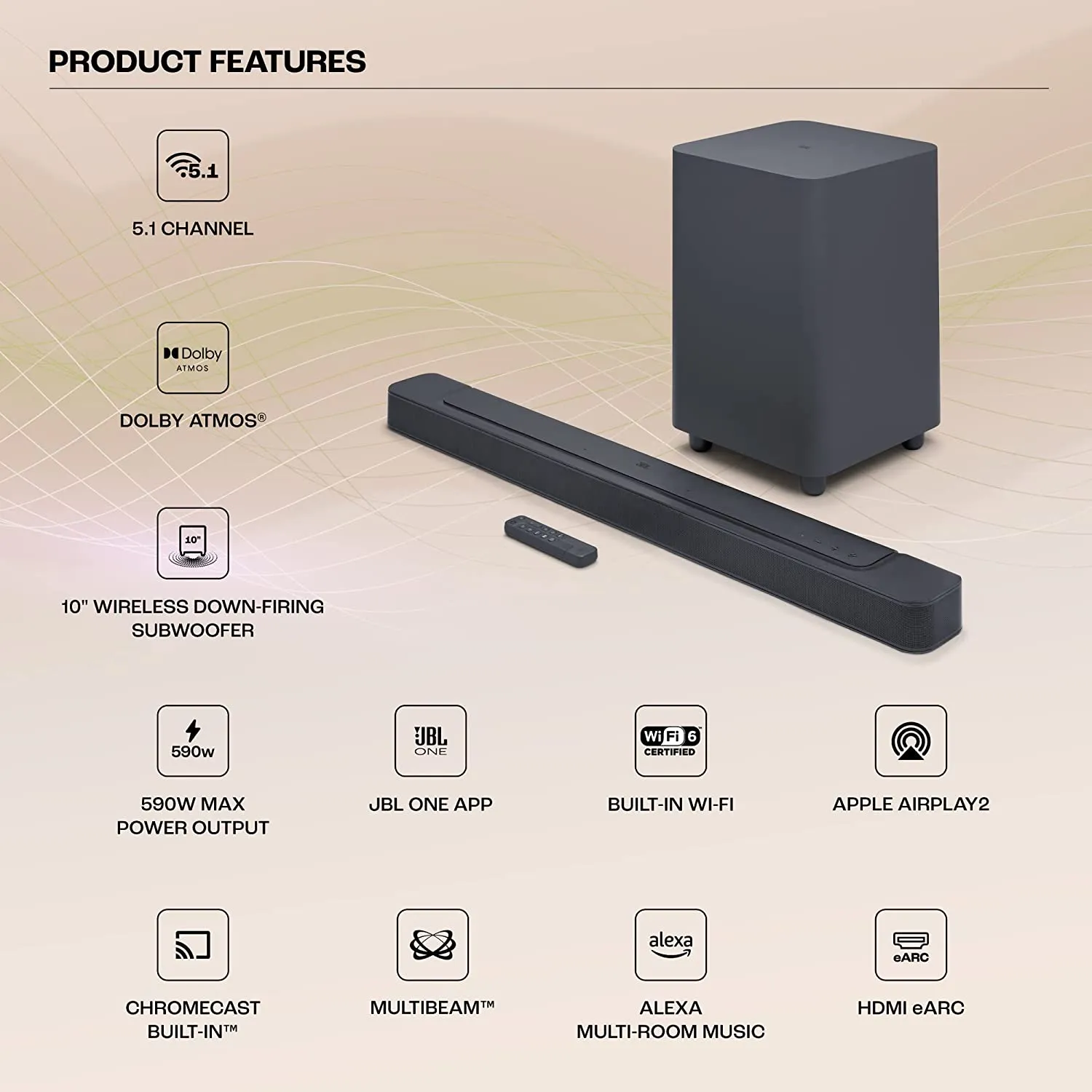 JBL Bar 500 Pro Dolby Atmos Soundbar with Wireless Subwoofer, 5.1 Channel, 3D Surround,(590W)
