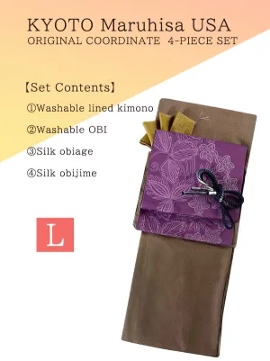 Kimono 4 Piece Coordinate Set / Kimono, Obi, Obi-age, Obi-jime / tailored L Size/brown plaid pattern