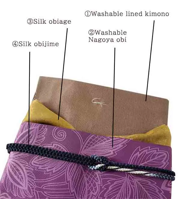Kimono 4 Piece Coordinate Set / Kimono, Obi, Obi-age, Obi-jime / tailored L Size/brown plaid pattern