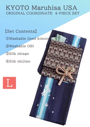 Kimono 4 Piece Coordinate Set / Kimono, Obi, Obi-age, Obi-jime / tailored L Size/navy cherry blossom pattern