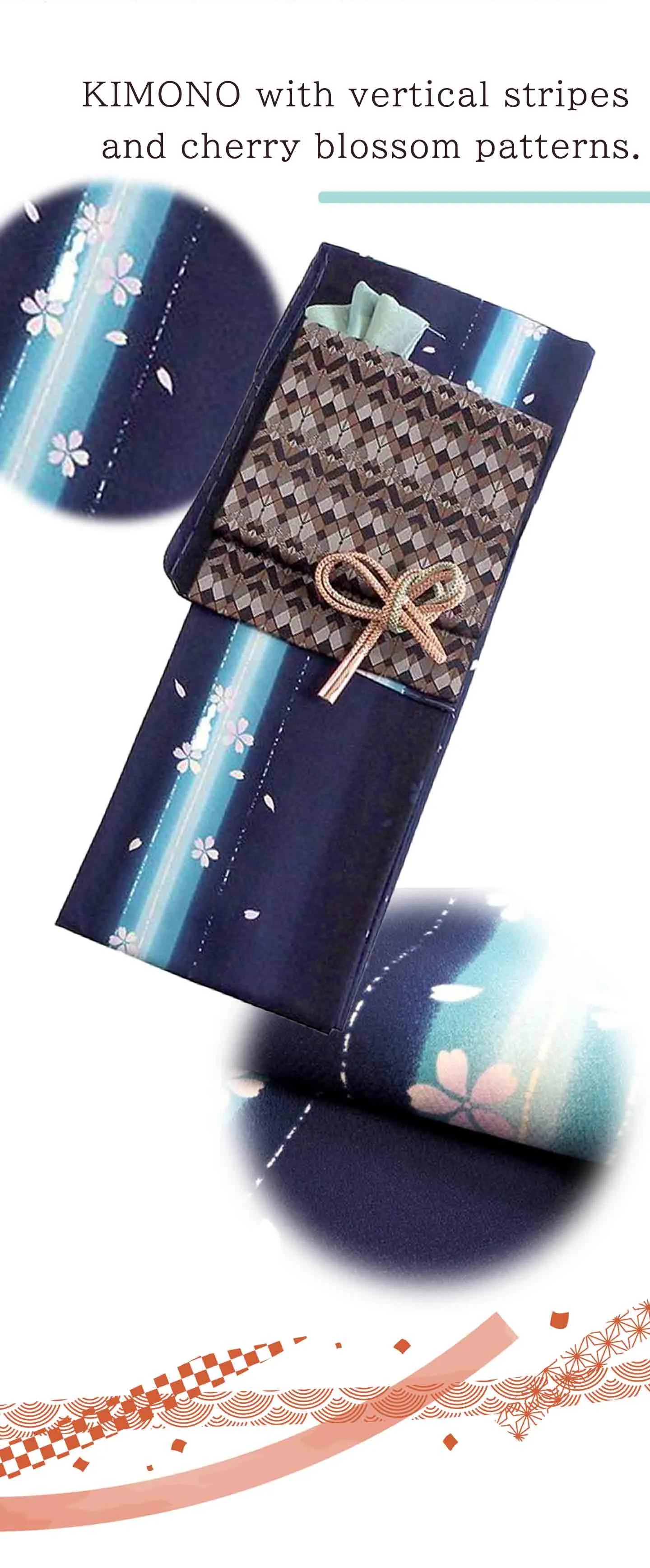 Kimono 4 Piece Coordinate Set / Kimono, Obi, Obi-age, Obi-jime / tailored L Size/navy cherry blossom pattern