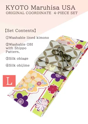 Kimono 4 Piece Coordinate Set / Kimono, Obi, Obi-age, Obi-jime / tailored L Size/white flowers