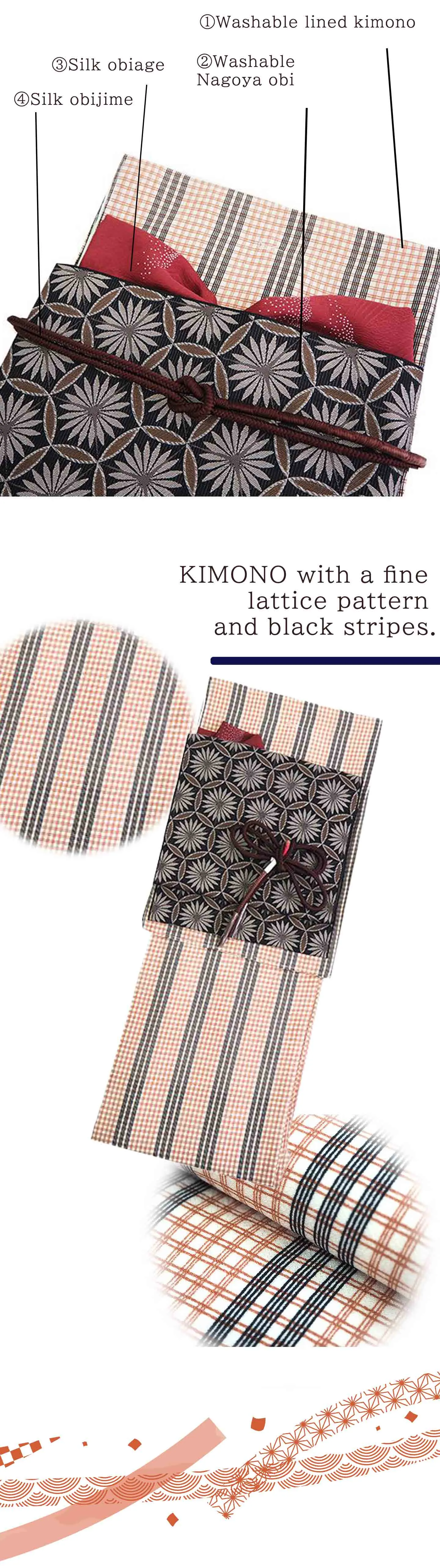 Kimono 4 Piece Coordinate Set / Kimono, Obi, Obi-age, Obi-jime / tailored M Size/pink a fine lattice pattern