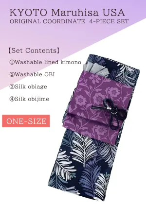 Kimono 4 Piece Coordinate Set / Kimono, Obi, Obi-age, Obi-jime / tailored One Size/navy leaves pattern