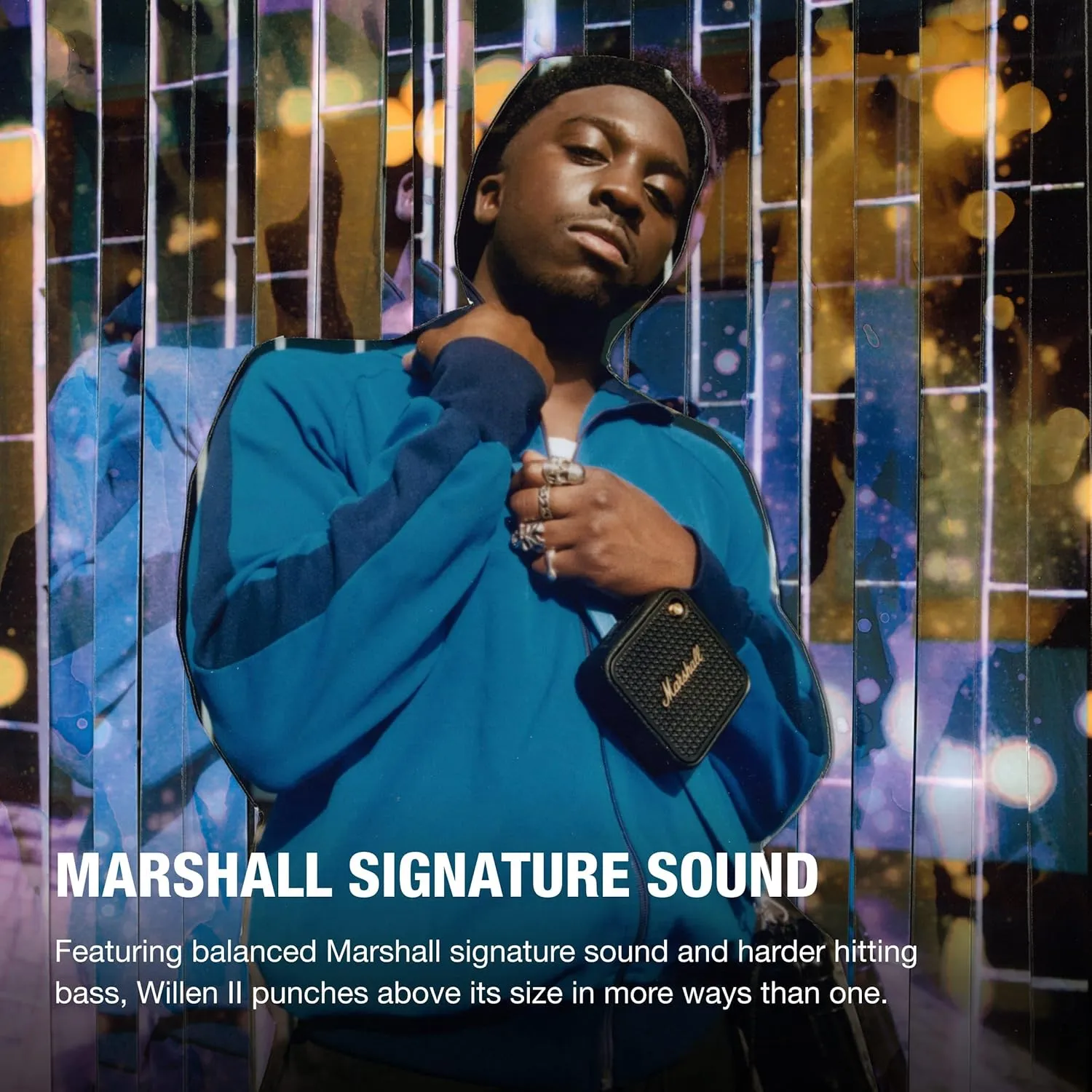Marshall Willen II Portable Bluetooth Speaker with 17  Hours of Portable Playtime, Dust & Waterproof (IP67) - Black & Brass.