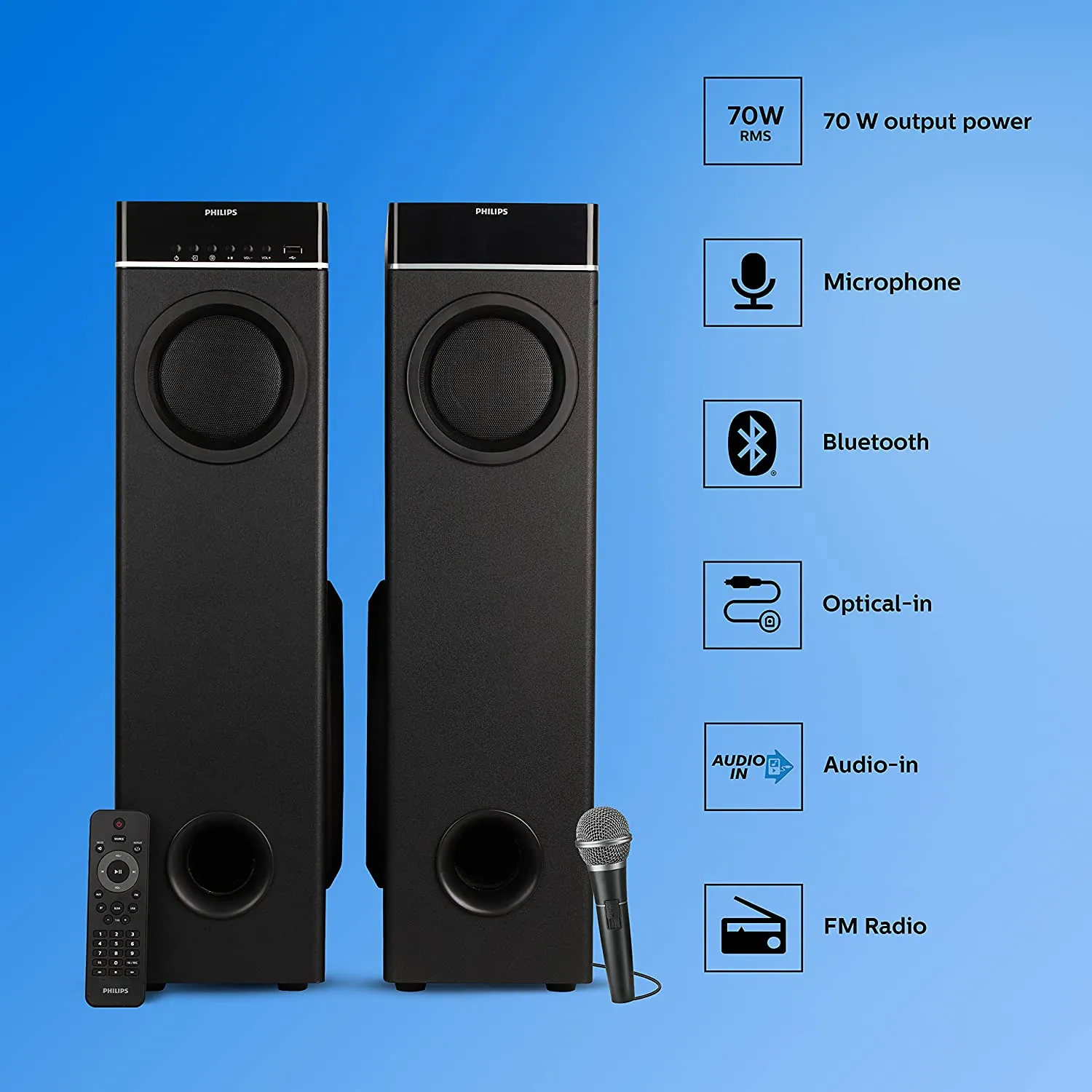Philips Audio SPA9070/94 70 W Tower Speaker with Optical Input and Mic, Black