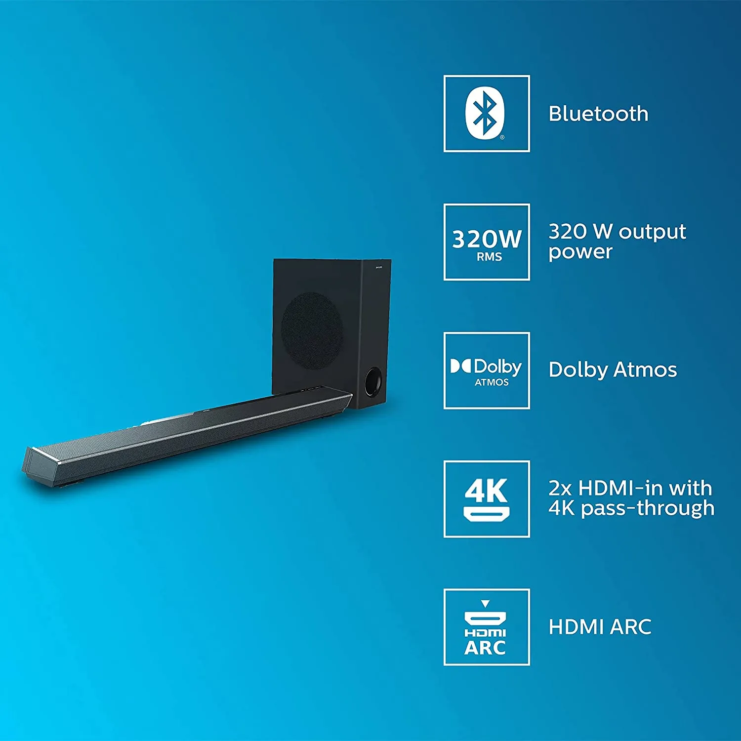 Philips Audio TAPB603 3.1CH 320W Dolby Atmos Soundbar with Wireless Subwoofer (Black) Open Box