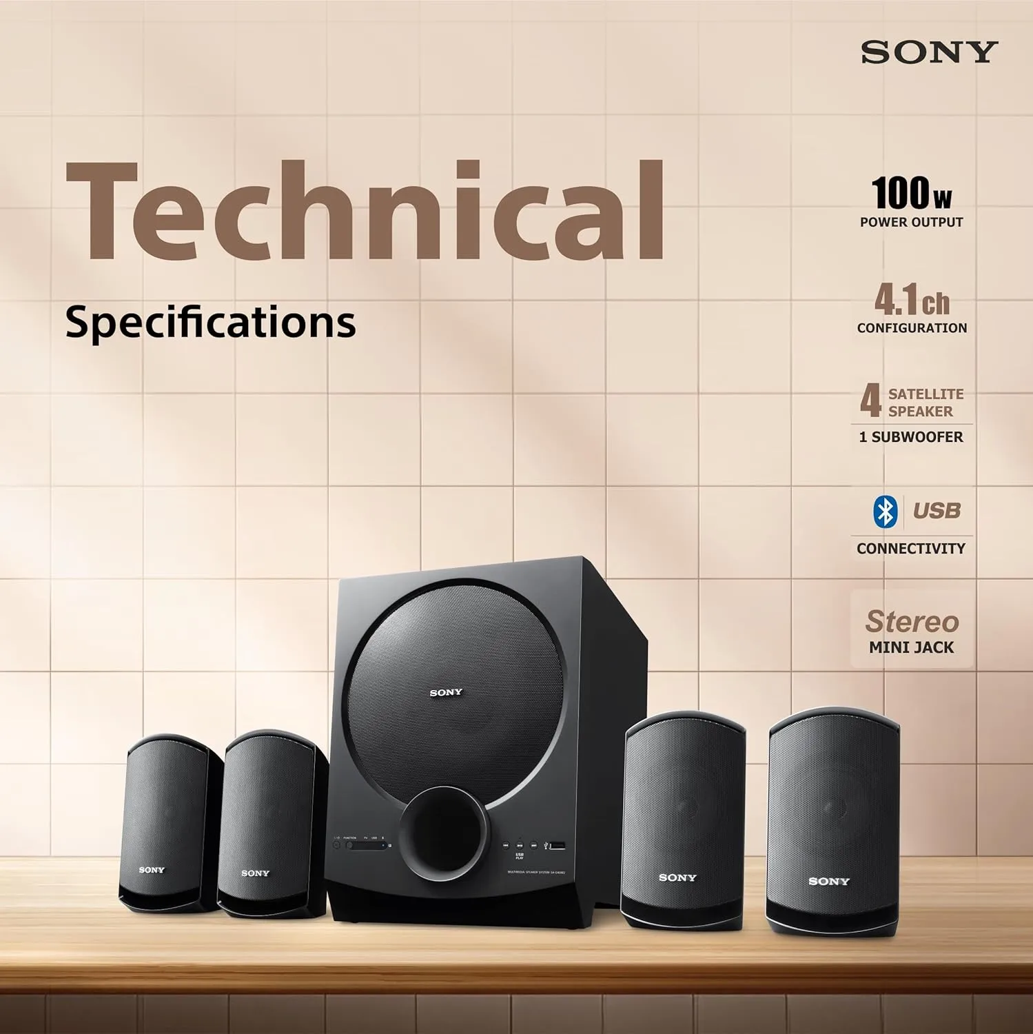 Sony SA-D40M2 4.1ch Home Theatre Speaker with 100W Power Output and Powerful Subwoofer - Black